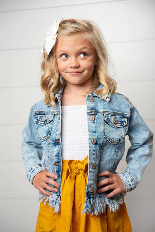 Kids/Youth Light Wash Faded Denim Fringe Winter Button Jacket