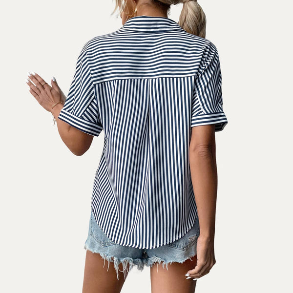 The Moment Collection - Classic Striped Print Collared Button-Up Short Sleeve Shirt: Dark Red / L