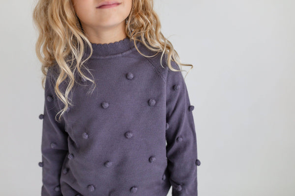 Kids/Youth Dark Gray Pom Pom Fall Winter Crew Neck Sweater