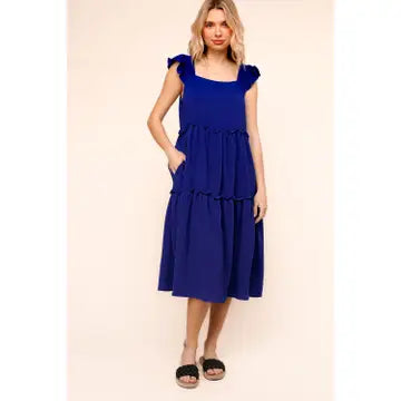 Solid Woven Midi Length Dress w/ Side Pocket
