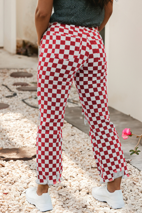 Plaid Distressed Holes Raw Edge Cropped Jeans