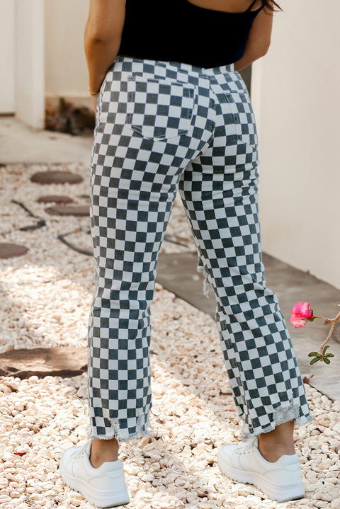 Plaid Distressed Holes Raw Edge Cropped Jeans