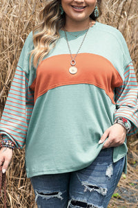 Green Colorblock Striped Bishop Sleeve Top