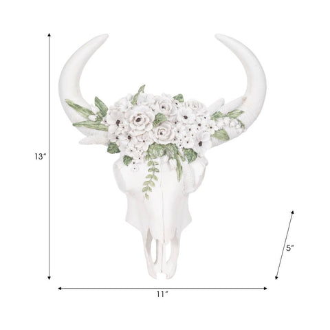 White 13 in. Resin Textured Bull Skull with White Flowers