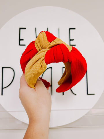 Evie Pearl Handmade LLC - Gold Red Colorblock KC Chiefs Knotted Headband for Girls & Women