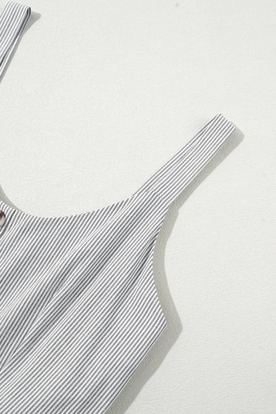Stripe Half Buttoned Sleeveless Wide Leg Jumpsuit