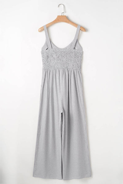 Stripe Half Buttoned Sleeveless Wide Leg Jumpsuit