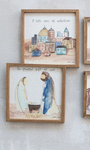 10" Square Fir Wood Framed  Wall Decor w/ Holy  Family/Bethlehem, Multi Color, 2  Styles