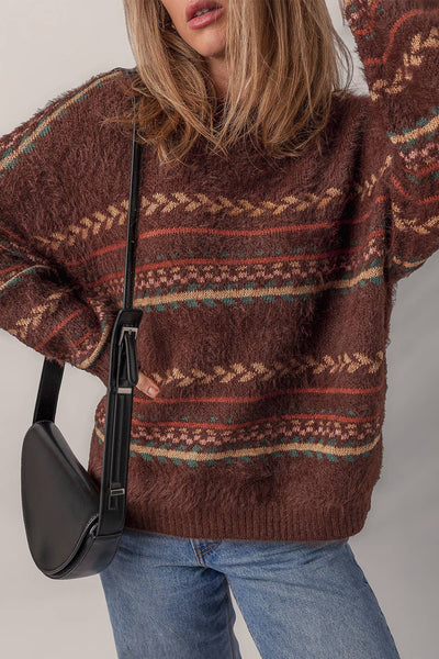 Ethnic Pattern Mohair Knitted Drop Shoulder Sweater