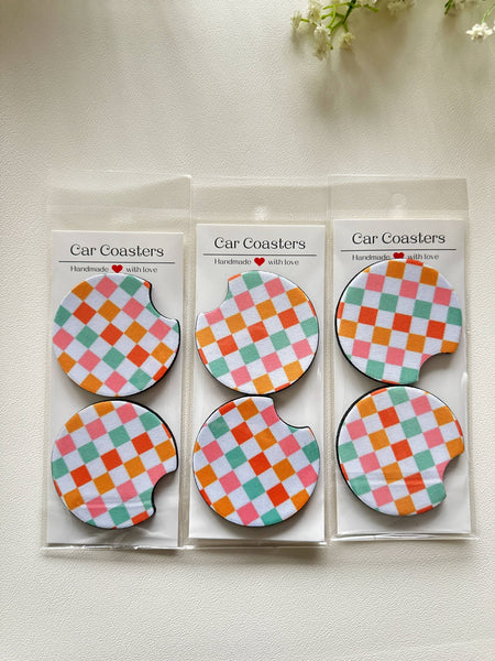 Frederick Family Co. - Car Coasters, Set of 2 Car Floral, Boho Trendy Coasters: #4 Green Checker