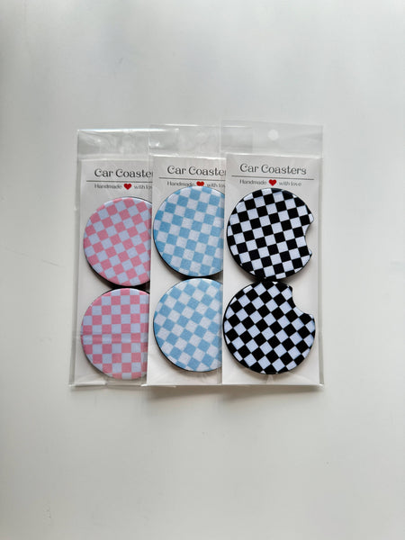 Frederick Family Co. - Car Coasters, Set of 2 Car Floral, Boho Trendy Coasters: #4 Green Checker