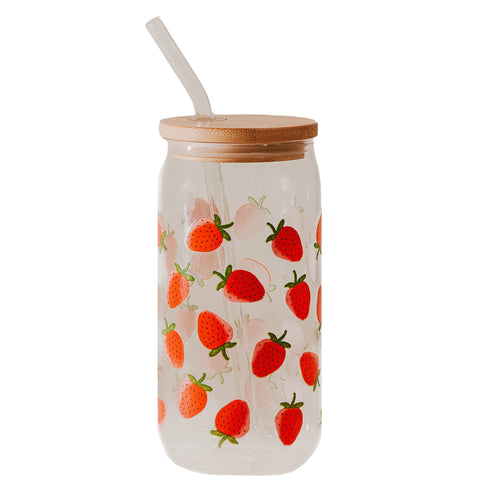 Sweet Water Decor - Strawberry 17 oz Can Glass w/ Straw and Lid - Decor & Gifts