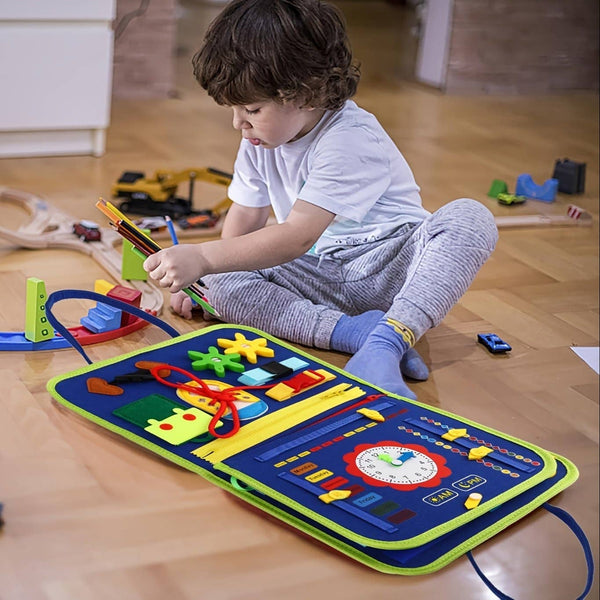 KiddieKickz - 25-IN-1 Busy Board: Montessori Toy For 1-4 Year Old Toddlers: Blue