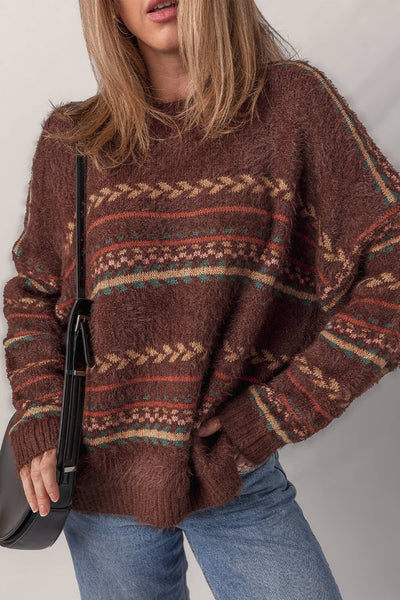 Ethnic Pattern Mohair Knitted Drop Shoulder Sweater