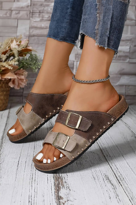 Two-tone Retro Buckle Straps Hollowed Faux Suede Sandals