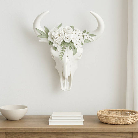 White 13 in. Resin Textured Bull Skull with White Flowers