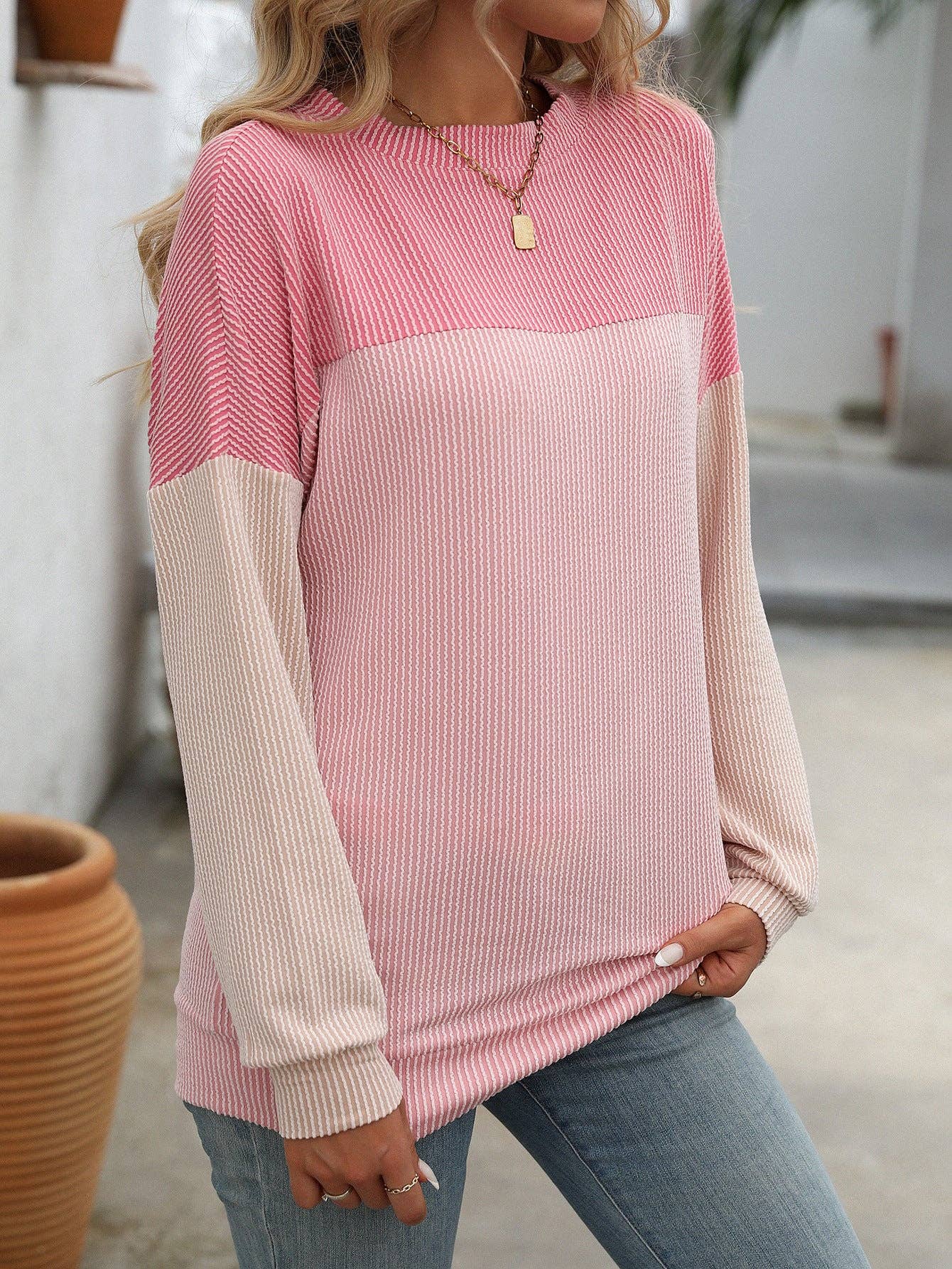 Crew Neck Twist Strip Color Matching Long Sleeve Loose T-shirt Women