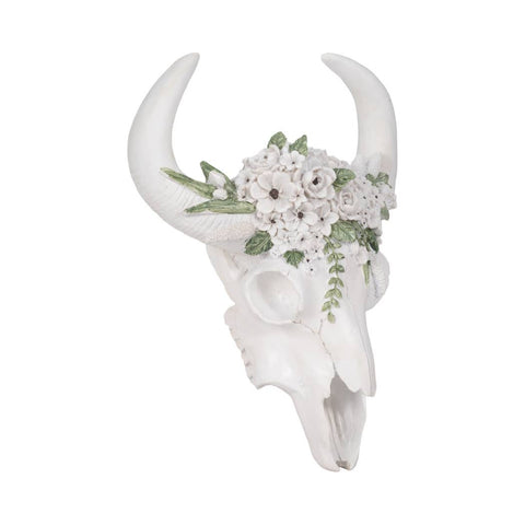 White 13 in. Resin Textured Bull Skull with White Flowers