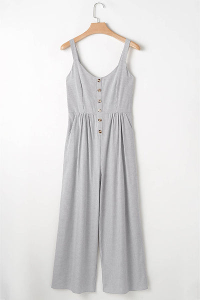 Stripe Half Buttoned Sleeveless Wide Leg Jumpsuit