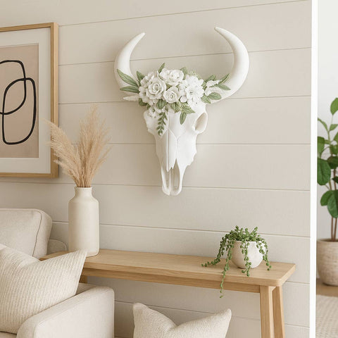 White 13 in. Resin Textured Bull Skull with White Flowers