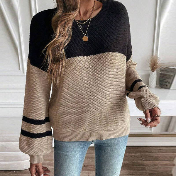 Color-blocked long-sleeved round-neck sweater
