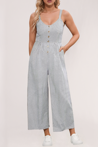 Stripe Half Buttoned Sleeveless Wide Leg Jumpsuit
