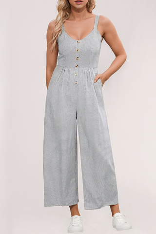 Stripe Half Buttoned Sleeveless Wide Leg Jumpsuit