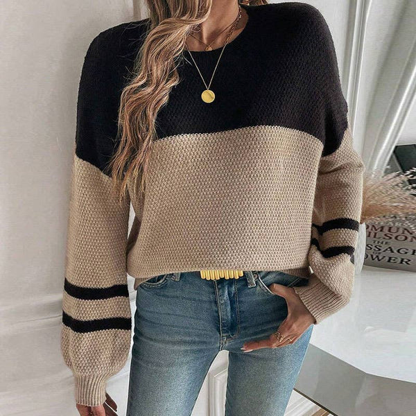 Color-blocked long-sleeved round-neck sweater