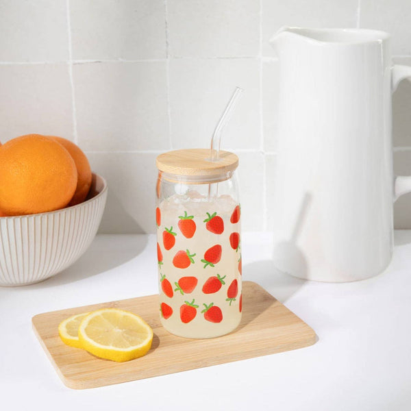 Sweet Water Decor - Strawberry 17 oz Can Glass w/ Straw and Lid - Decor & Gifts