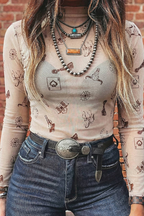 Floral Mesh Long Sleeve Mock Neck Top