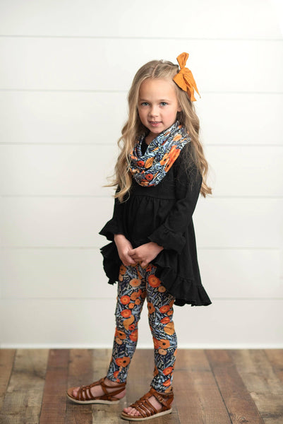 Kids/Youth Hi-Lo Black & Floral Print 3 Piece Scarf Fall Set