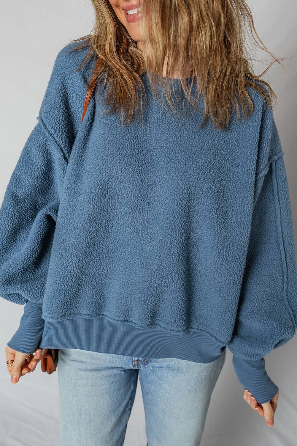 Fleece Drop Shoulder Exposed Seam Patchwork Sweatshirt