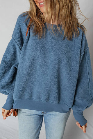 Fleece Drop Shoulder Exposed Seam Patchwork Sweatshirt