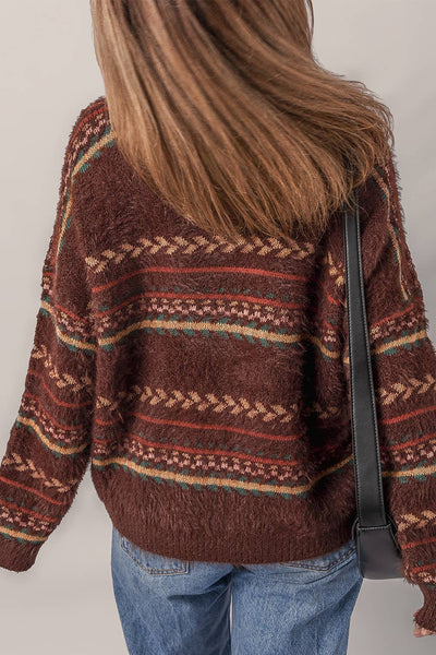 Ethnic Pattern Mohair Knitted Drop Shoulder Sweater