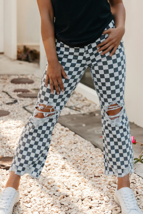 Plaid Distressed Holes Raw Edge Cropped Jeans