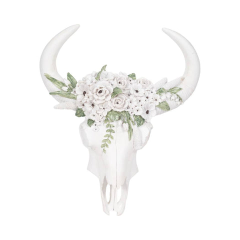 White 13 in. Resin Textured Bull Skull with White Flowers