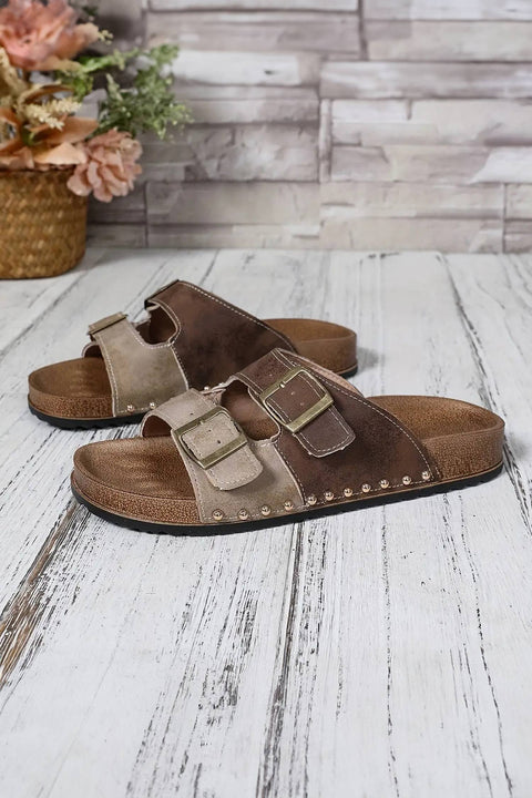 Two-tone Retro Buckle Straps Hollowed Faux Suede Sandals