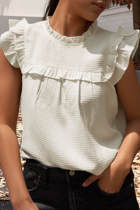 Solid Color Ruffle Trim Waffle Knit Blouse