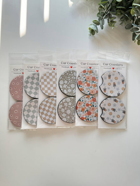 Frederick Family Co. - Car Coasters, Set of 2 Car Floral, Boho Trendy Coasters: #4 Green Checker