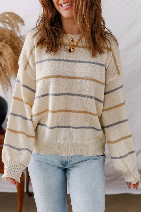 Striped Ribbed Edge Drop Shoulder Sweater