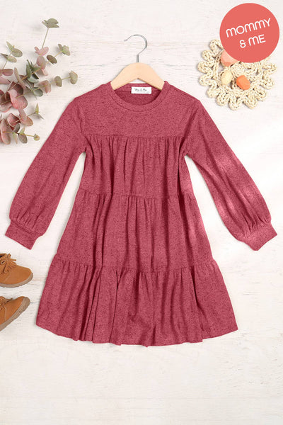 You & Me - YMD10064TKV-KIDS PUFF LONG SLEEVE TIERED HACCI BRUSHED DRESS: Ruby Dark / M(8-9)