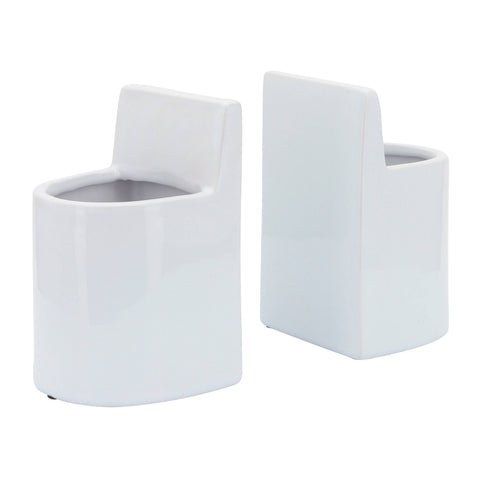 Bookends Set - White Ceramic Solid Pouch Design, 6 in.