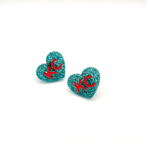 Hazel & Ollie - Kansas City KC Heart Stud Earrings - Aqua and Red