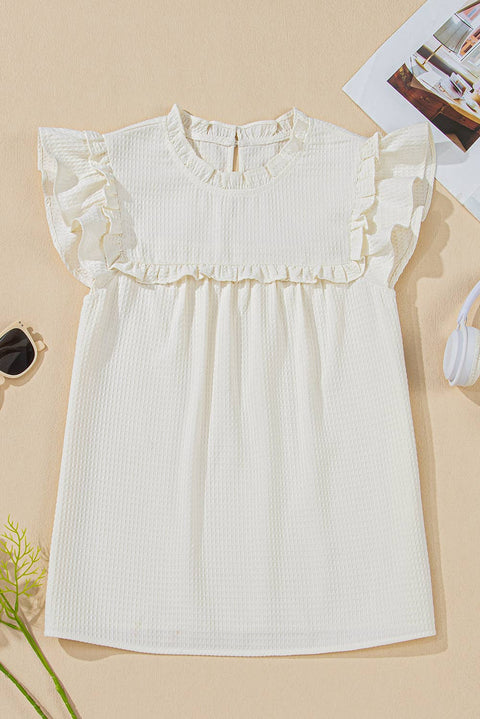 Solid Color Ruffle Trim Waffle Knit Blouse