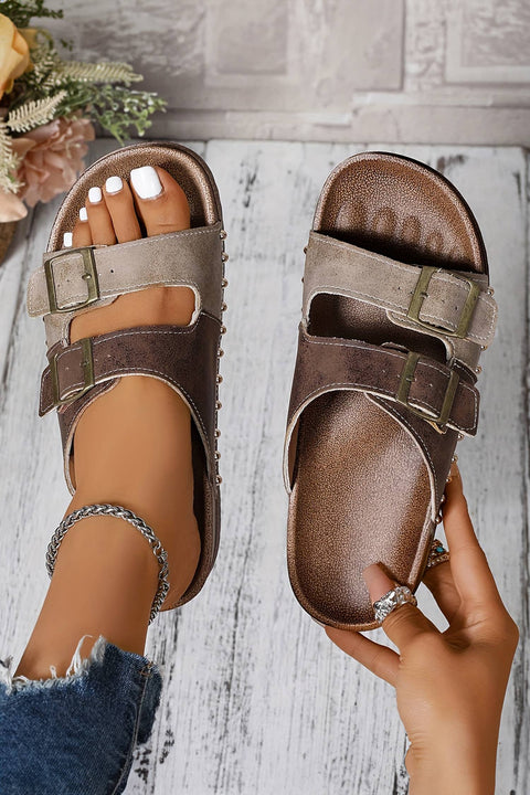 Two-tone Retro Buckle Straps Hollowed Faux Suede Sandals