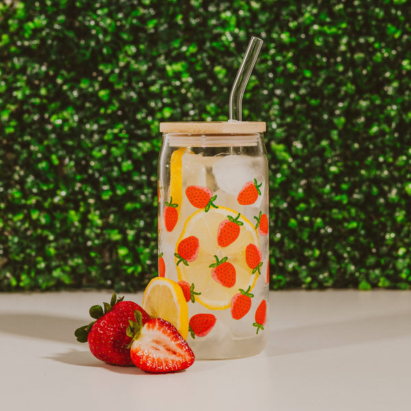 Sweet Water Decor - Strawberry 17 oz Can Glass w/ Straw and Lid - Decor & Gifts