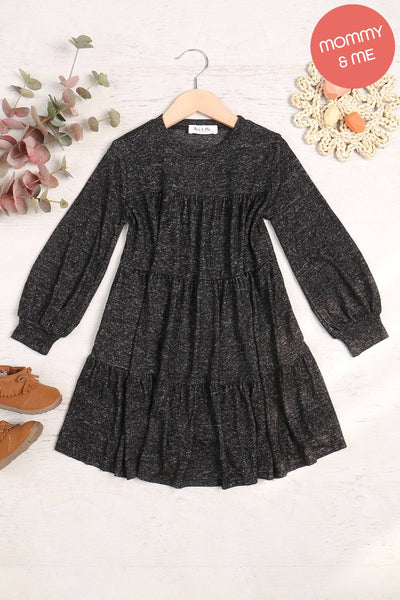 You & Me - YMD10064TKV-KIDS PUFF LONG SLEEVE TIERED HACCI BRUSHED DRESS: Ruby Dark / S(6-7)