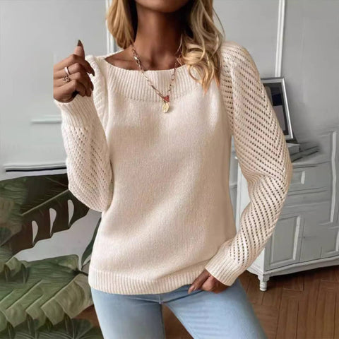 Hollow-out long-sleeved line neck pullover sweater