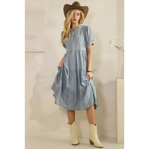 Chambray Charm Tiered Midi Dress