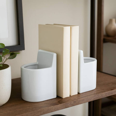 Bookends Set - White Ceramic Solid Pouch Design, 6 in.